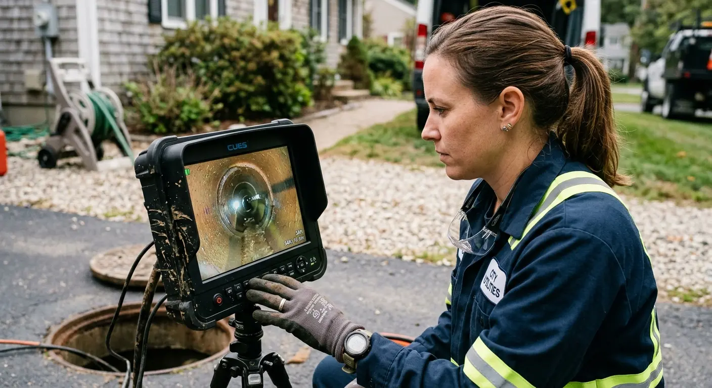Technician reviewing sewer camera inspection footage in American Fork