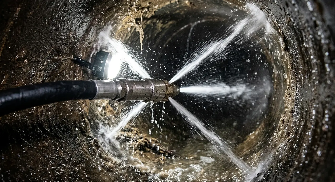 High-pressure hydro jetting nozzle cleaning sewer pipe for Emergency Drain Service in American Fork
