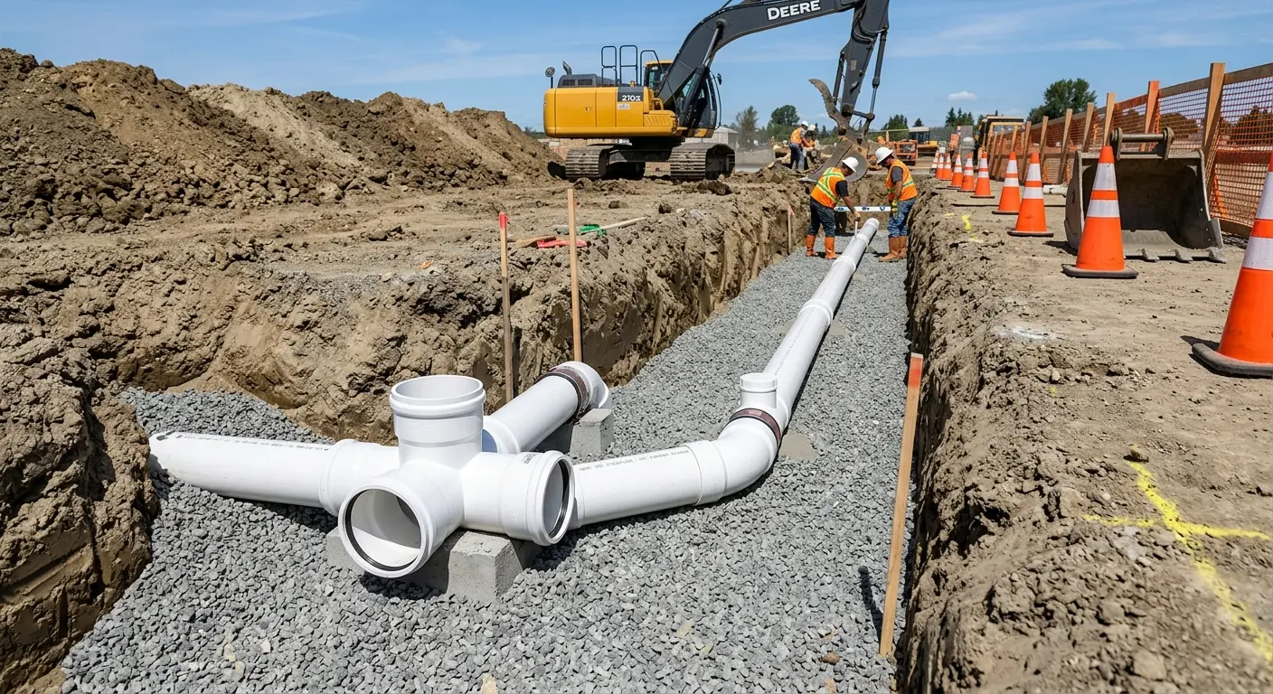 New PVC sewer pipe installation in open trench for Sewer Backup in American Fork