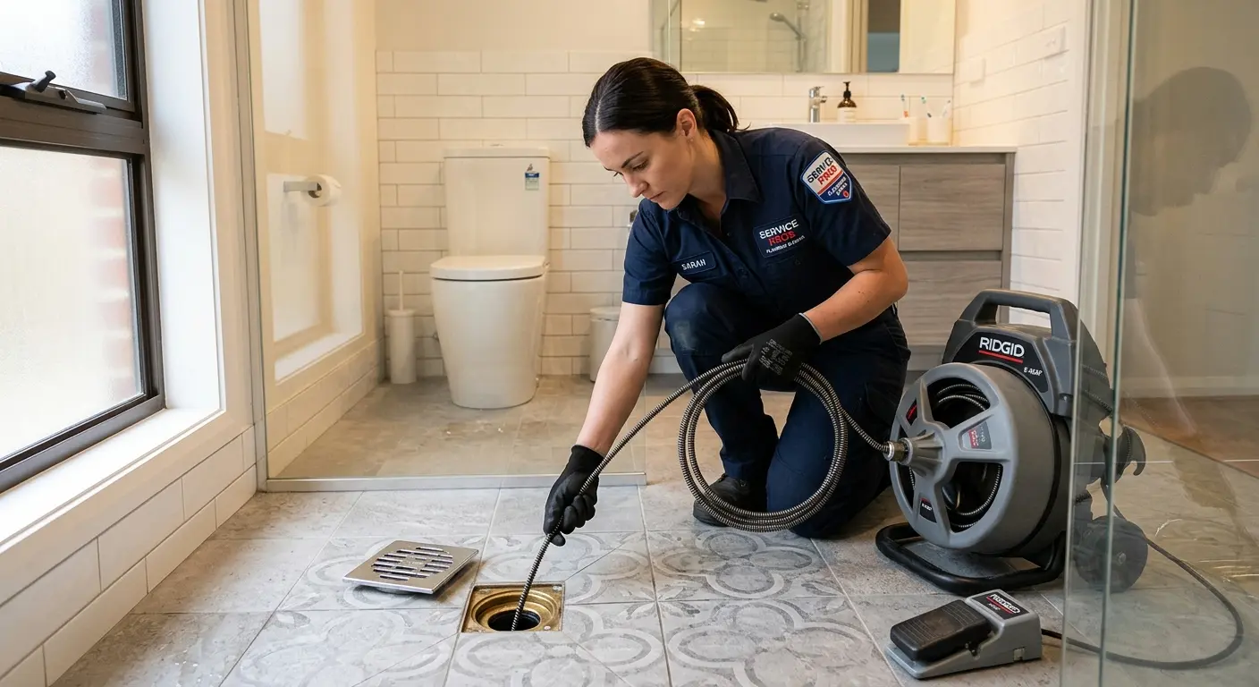 Technician clearing a bathroom floor drain for Drain Repair in American Fork